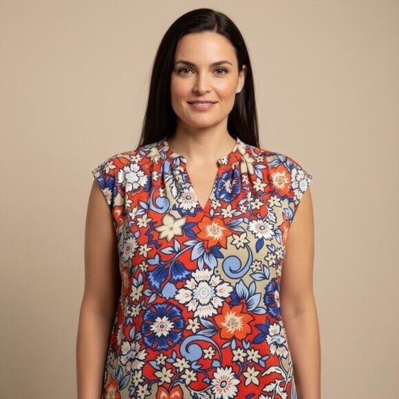 Liz Claiborne Women’s XL V-Neck Floral Blouse – Salmon & Blue Print - Picture 2 of 9